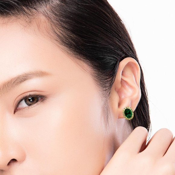 14KY Gold Emerald and Diamond Halo Earrings - Picture 3 of 3